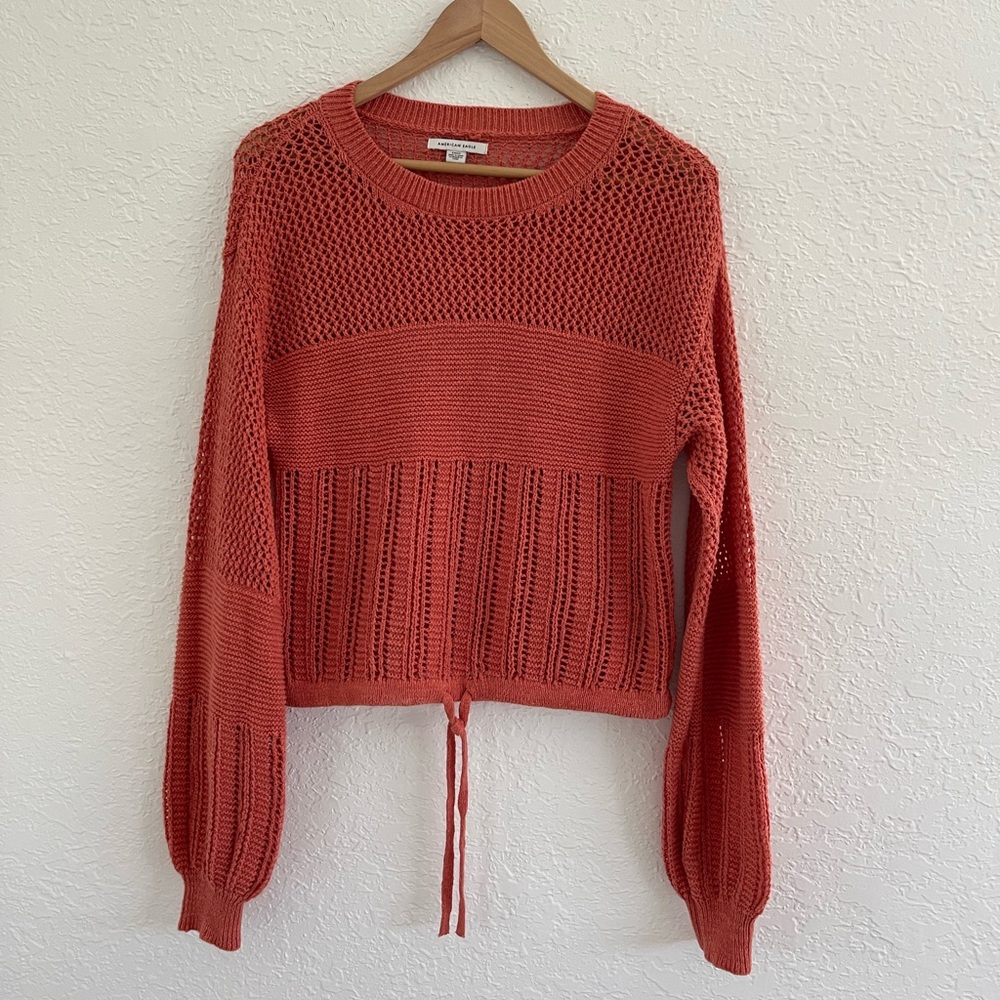 American Eagle crochet knit drawstring sweater size small